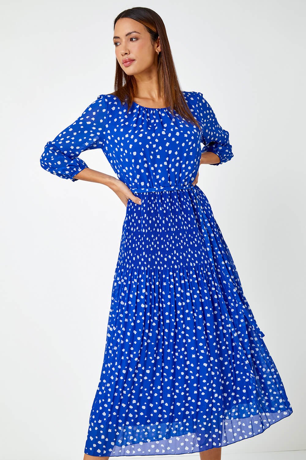 Royal Blue Spot Print Pleated Midi Dress, Image 2 of 6
