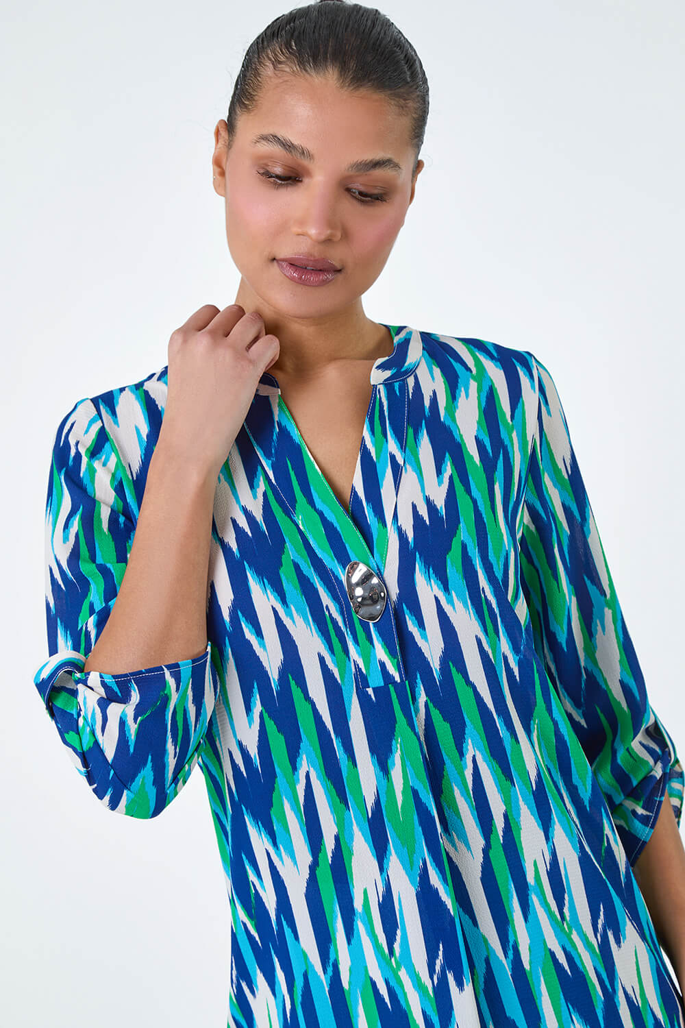 Blue Abstract Longline Button Detail Top, Image 4 of 5