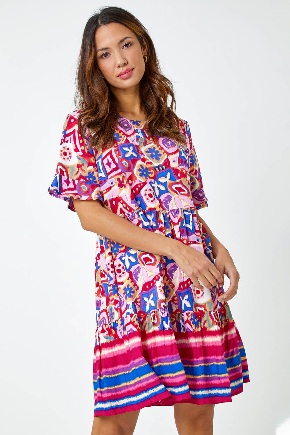 MAGENTA Printed Frill Sleeve Tiered Smock Dress, Image 2 of 5