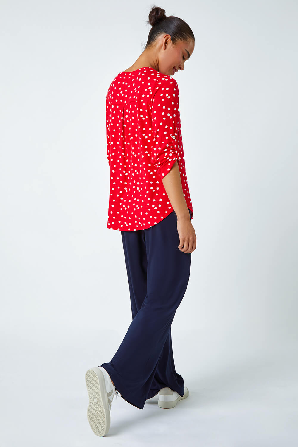 Red Petite Polka Dot Stretch Button Detail Shirt, Image 3 of 5