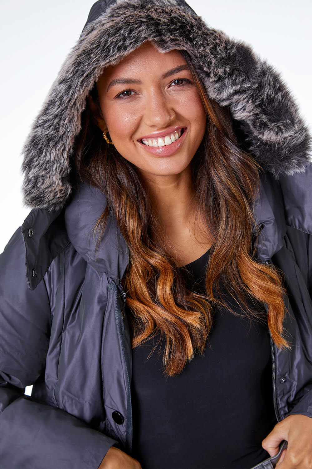 Charcoal Faux Fur Trim Hooded Coat, Image 4 of 5