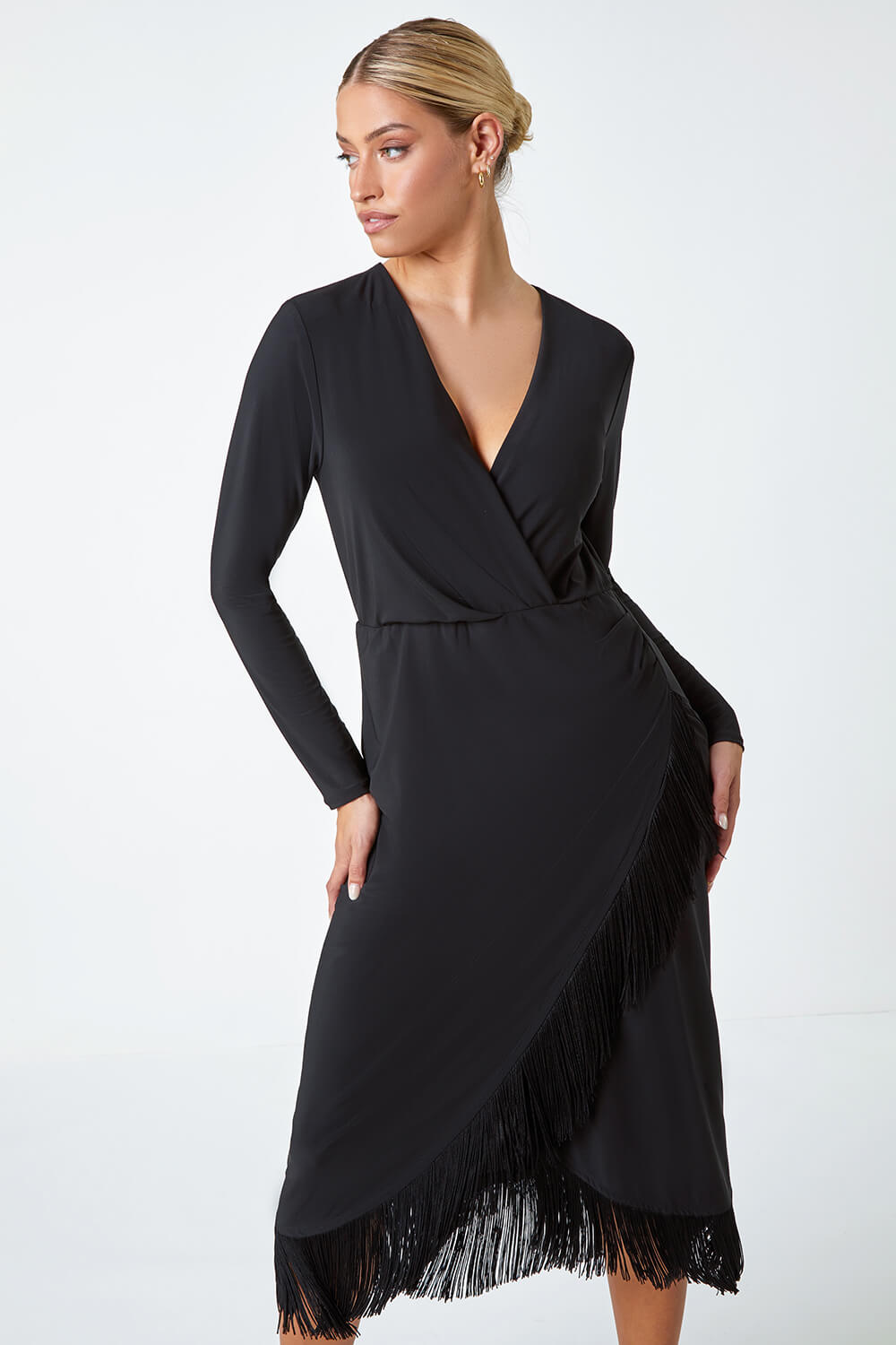 Black Tassel Trim Stretch Wrap Dress, Image 4 of 5