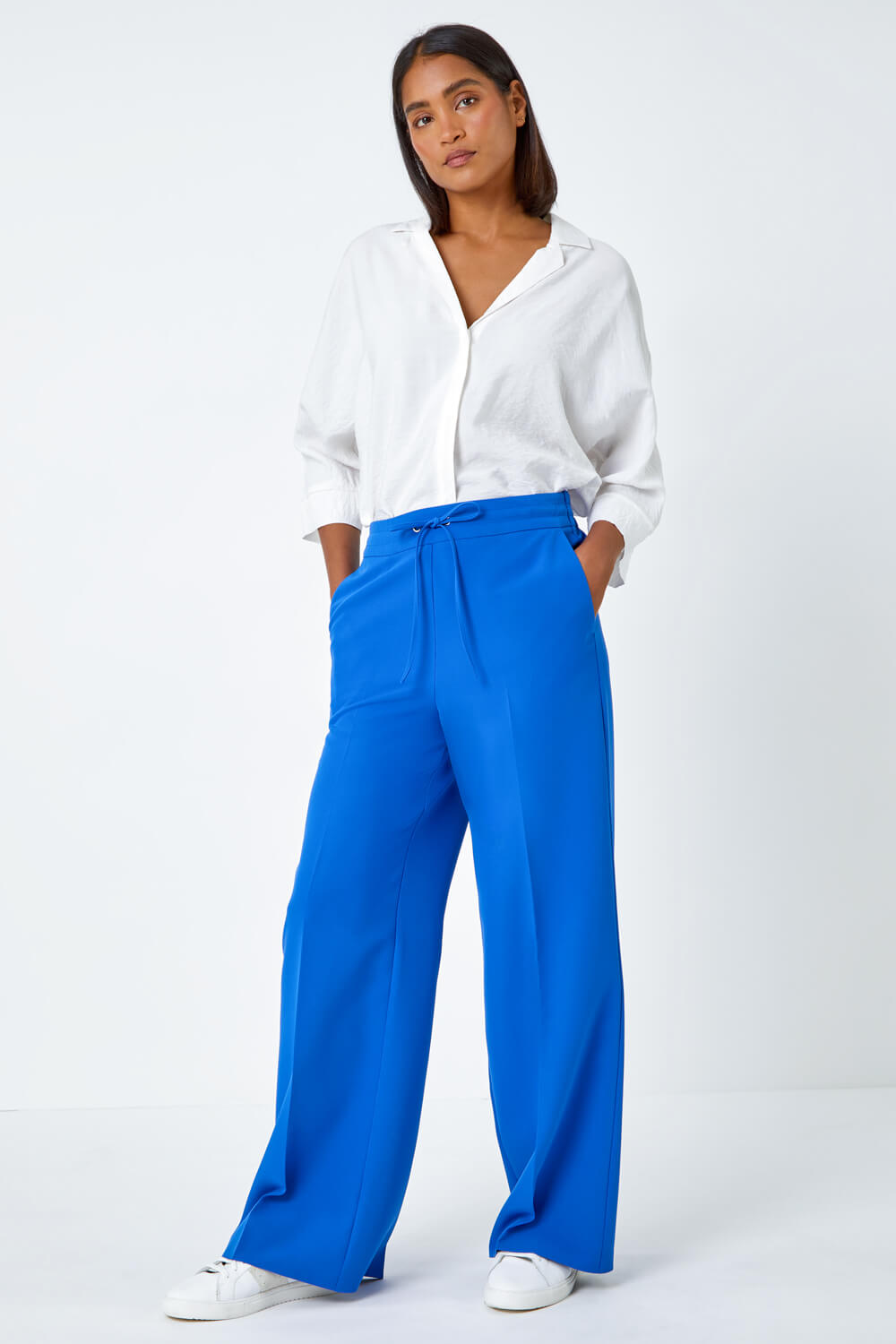 Royal Blue Wide Leg Tie Front Stretch Trouser, Image 2 of 5