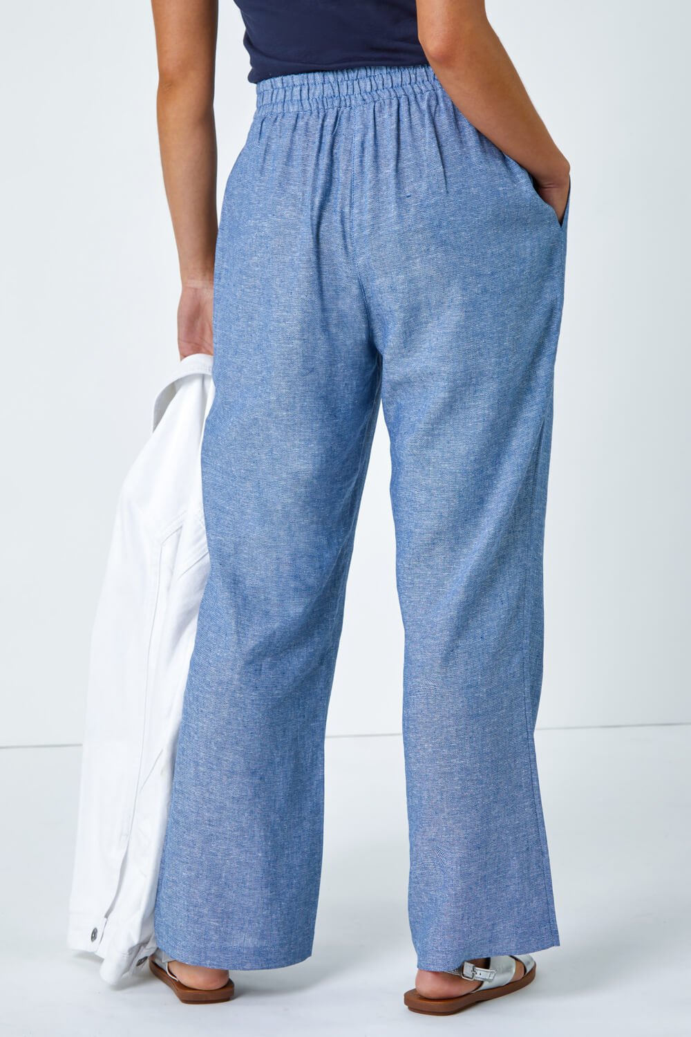 Blue Petite Linen Mix Wide Leg Trousers, Image 3 of 5