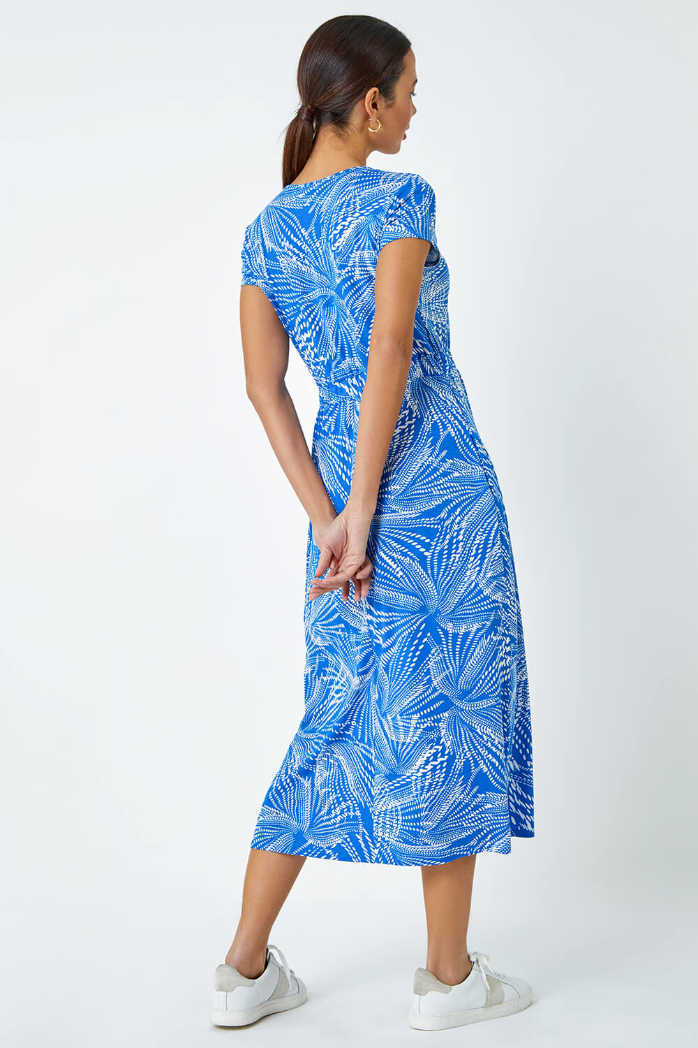 Royal Blue Abstract Print Midi Stretch Dress, Image 3 of 5