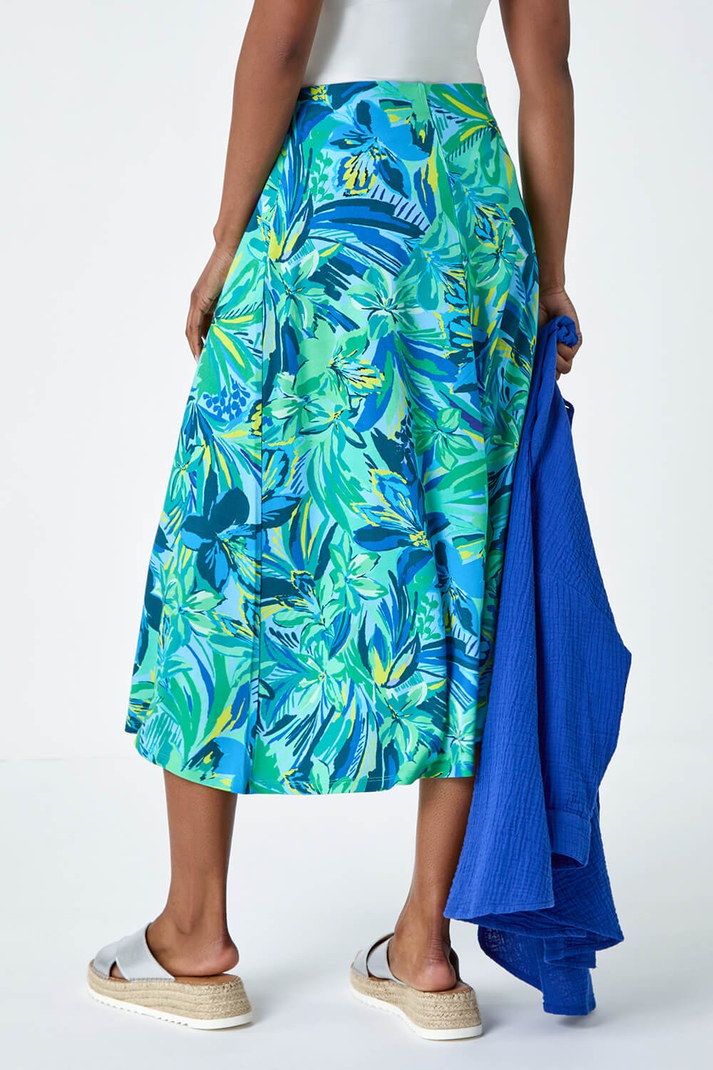 Green Tropical Floral Stretch Panel Skirt, Image 3 of 5