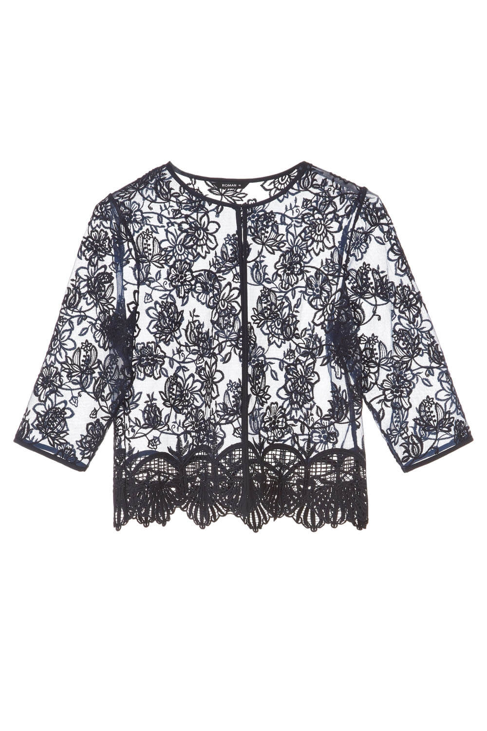 Navy  Short Floral Embroidered Lace Jacket, Image 5 of 5