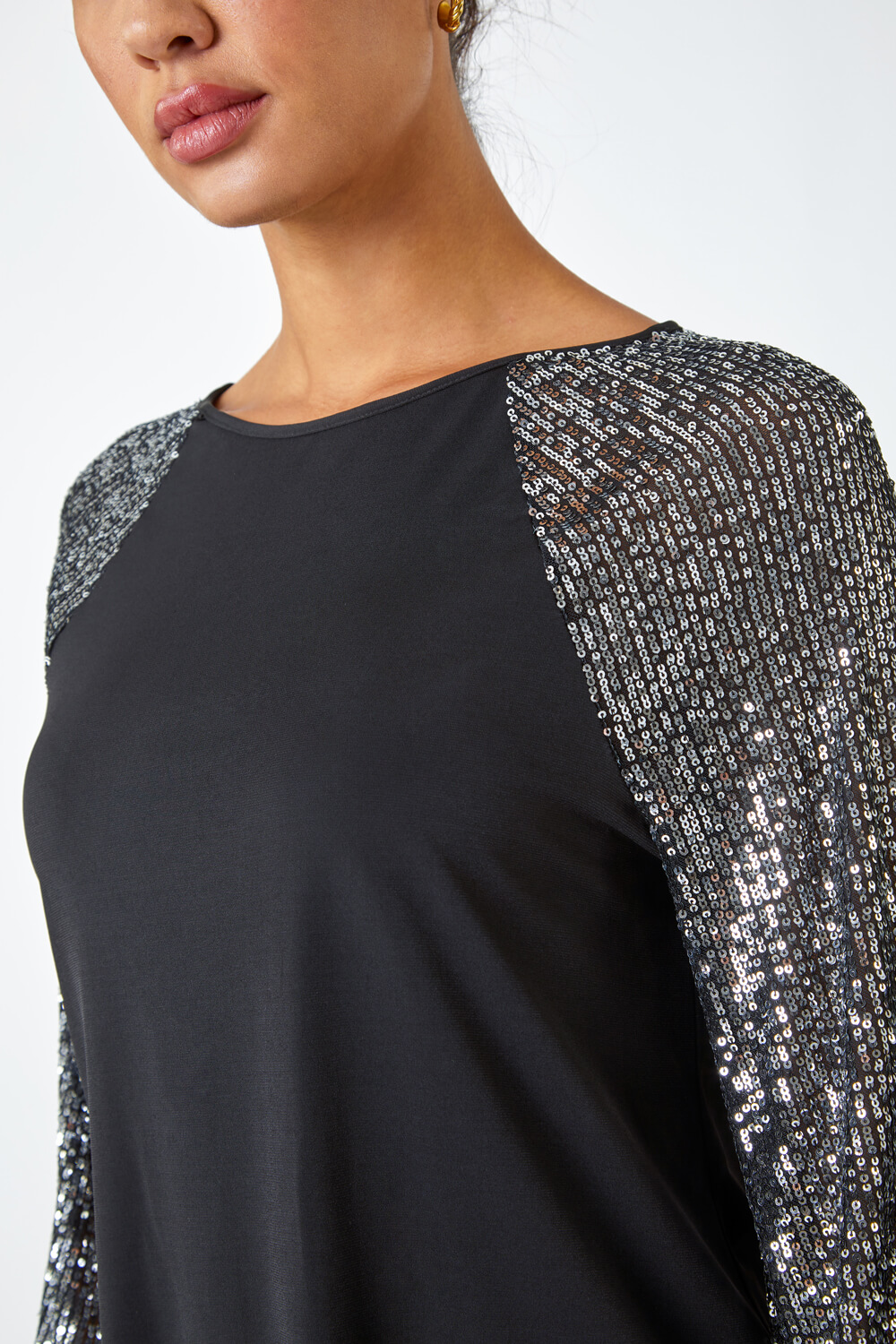 Silver Sequin Sleeve Stretch Jersey Top | Roman UK