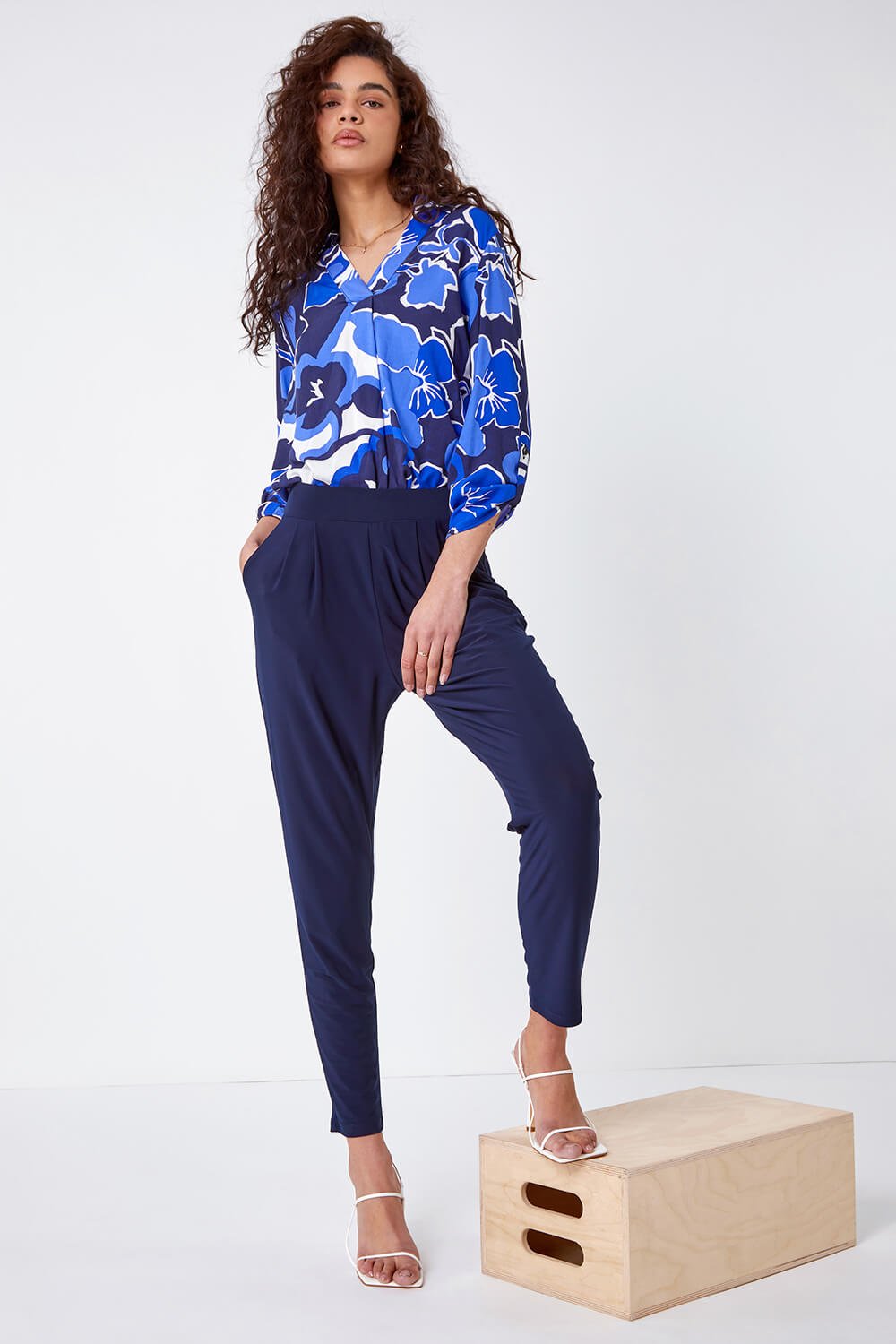 Navy  Jersey Stretch Harem Trousers, Image 1 of 6