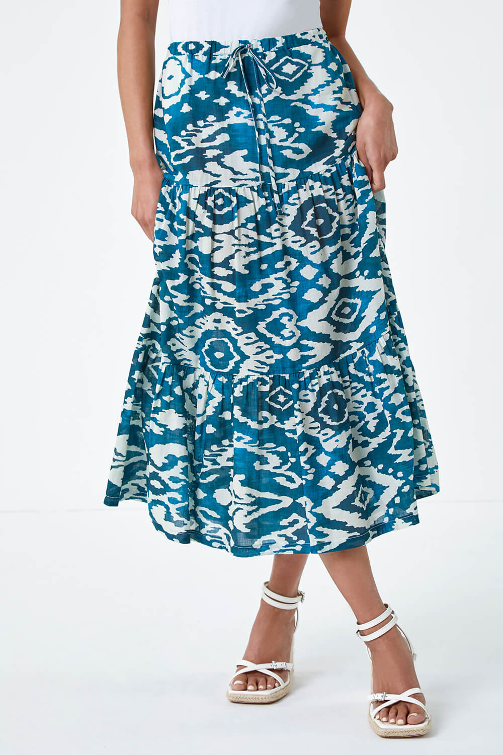 Teal Petite Aztec Print Cotton Midi Skirt, Image 4 of 5