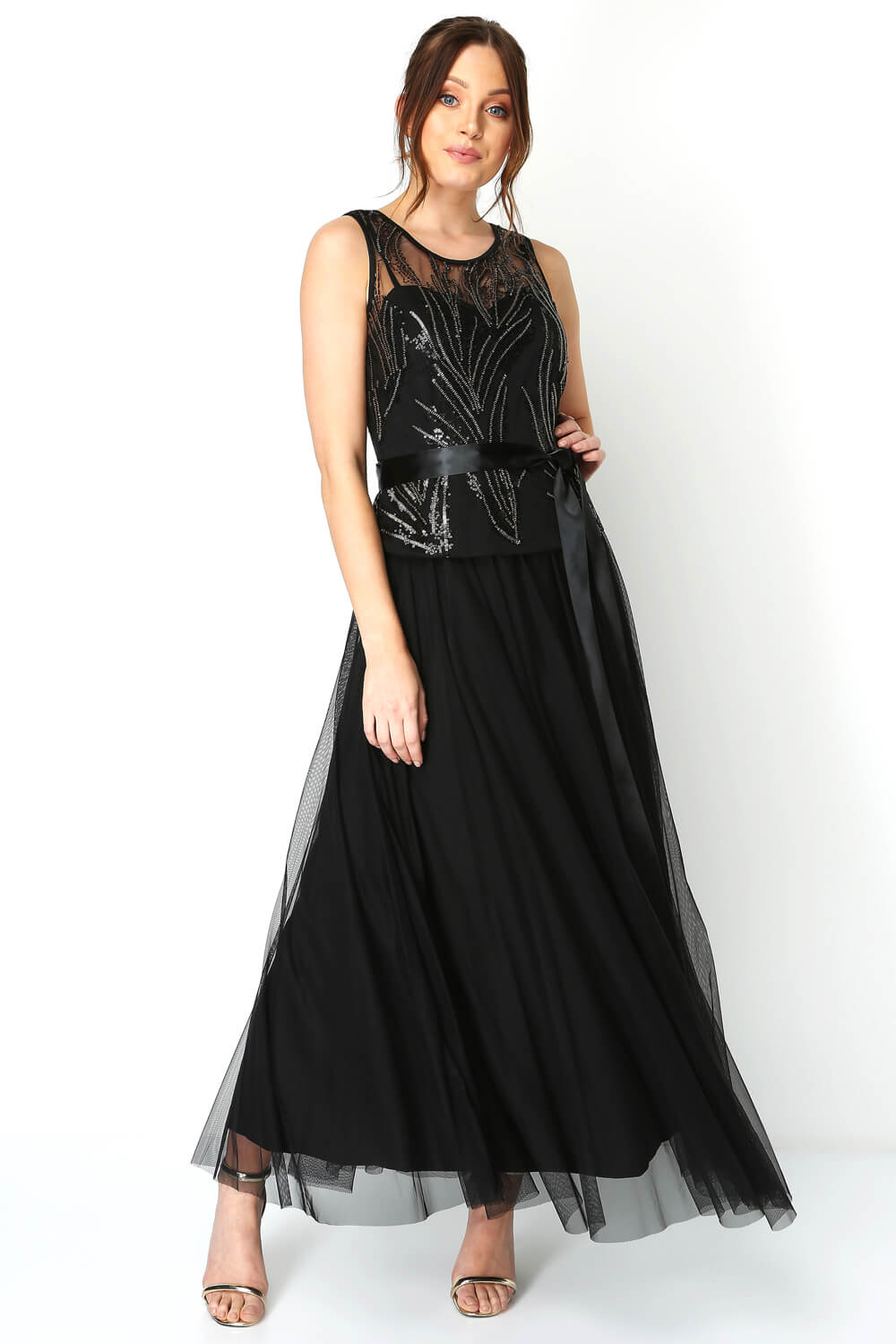 Black Sequin Tulle Maxi Dress, Image 2 of 5
