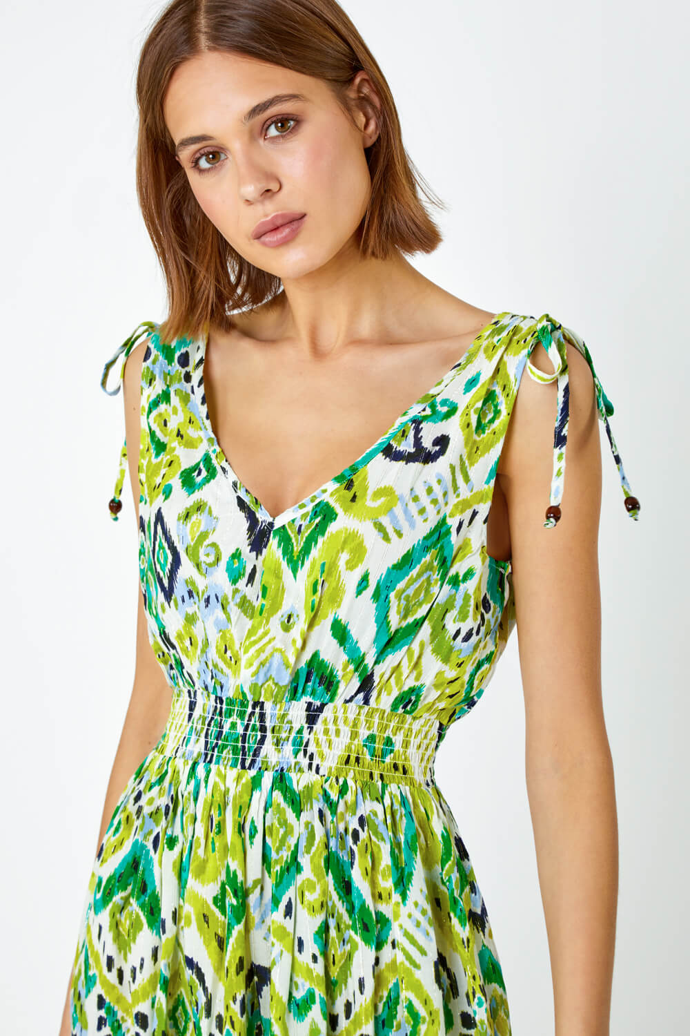 Lime Aztec Print Shirred Stretch Dress, Image 5 of 6