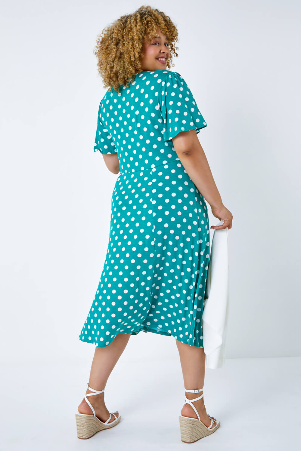 Green Curve Spot Print Midi Wrap Dress, Image 3 of 5