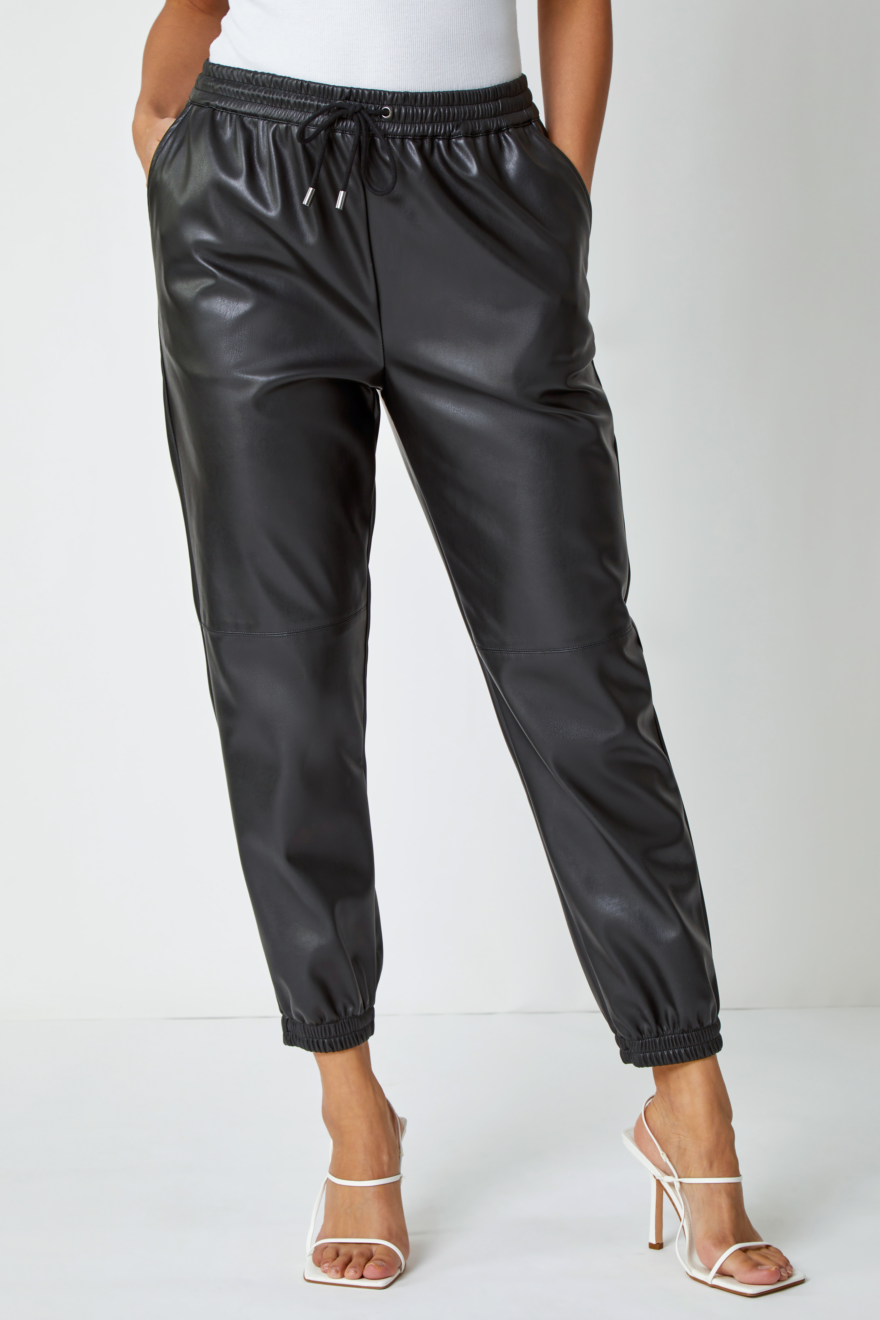 Black Faux Leather Cuffed Joggers , Image 2 of 5