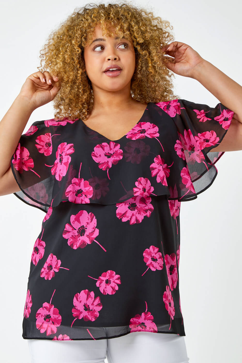 Fuchsia Curve Floral Chiffon Overlay Top, Image 2 of 5