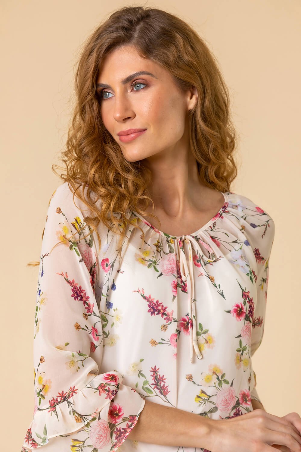 Cream  Floral Frill Sleeve Tie Detail Top, Image 5 of 5