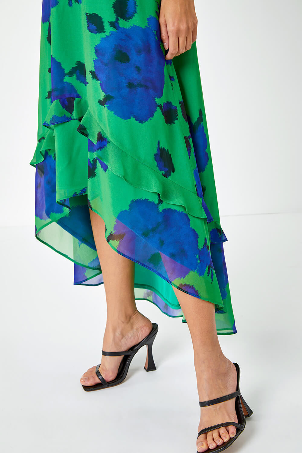 Green Floral Frill Detail Chiffon Midi Dress, Image 5 of 5