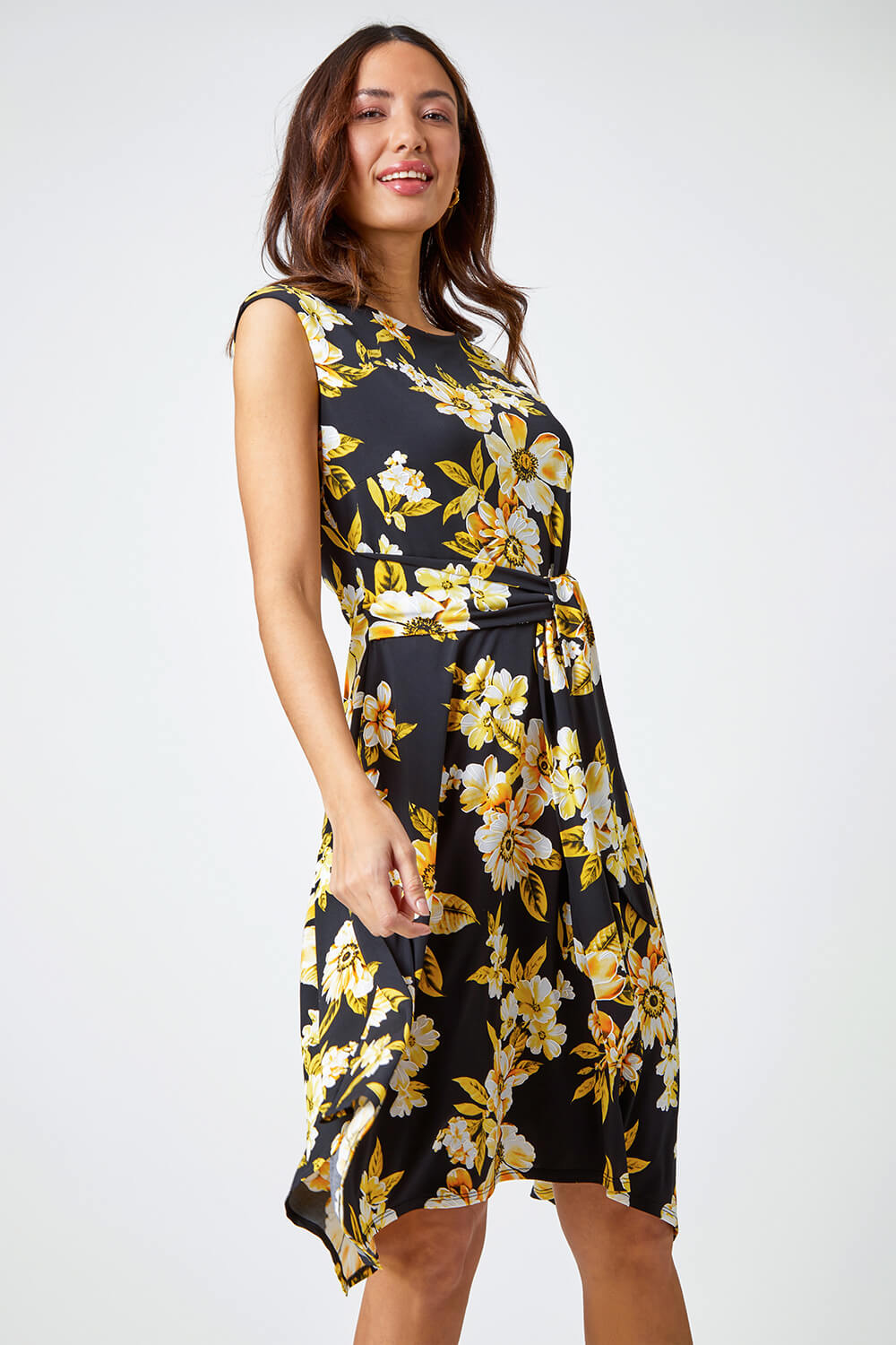Yellow Textured Floral Print Tie Dress | Roman UK