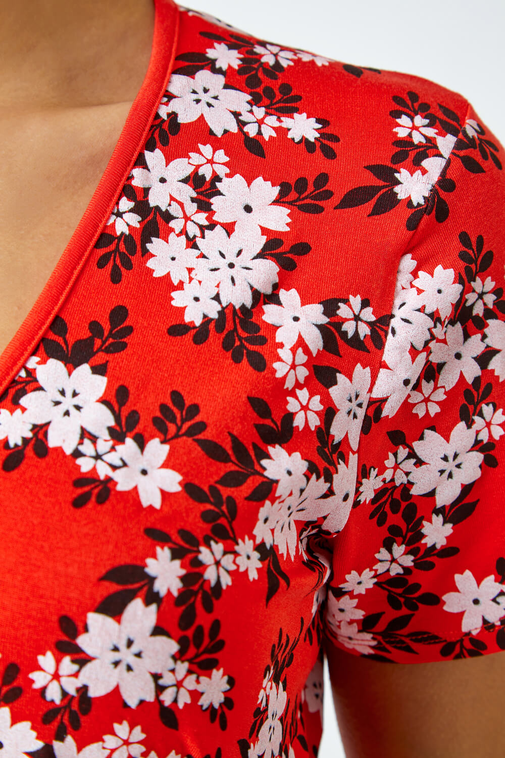 Red Floral Print Wrap Stretch Top, Image 5 of 5