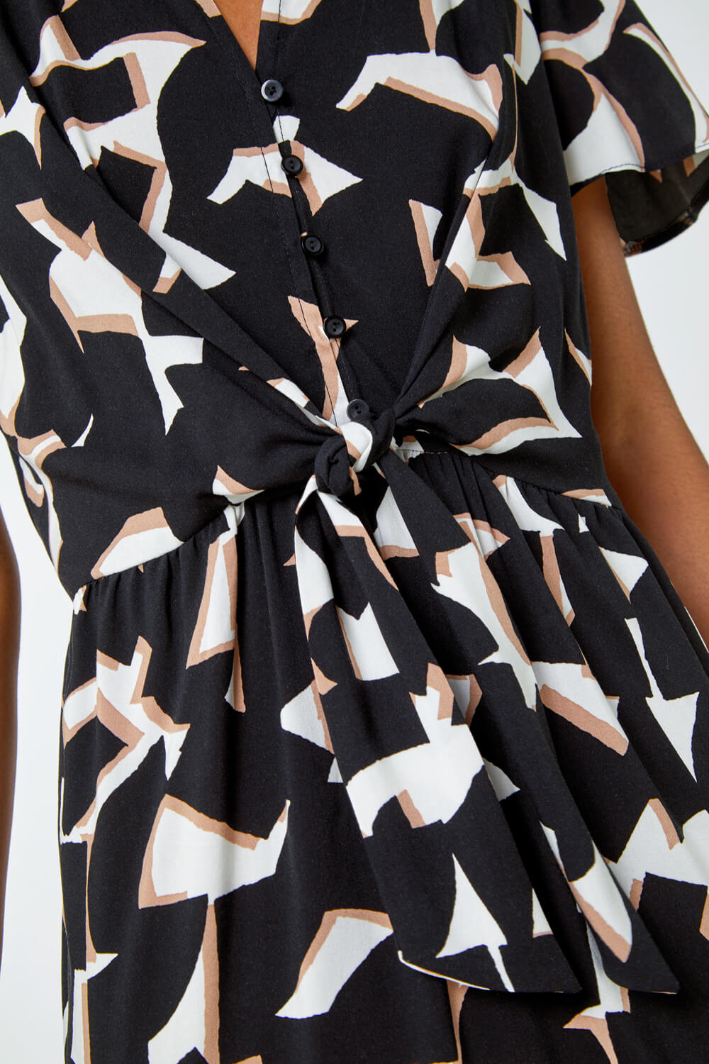 Black Geometric Print Frill Hem Dress, Image 5 of 5