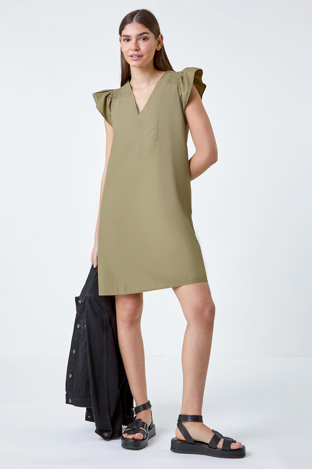 Plain Cotton Frill Sleeve Pocket Dress