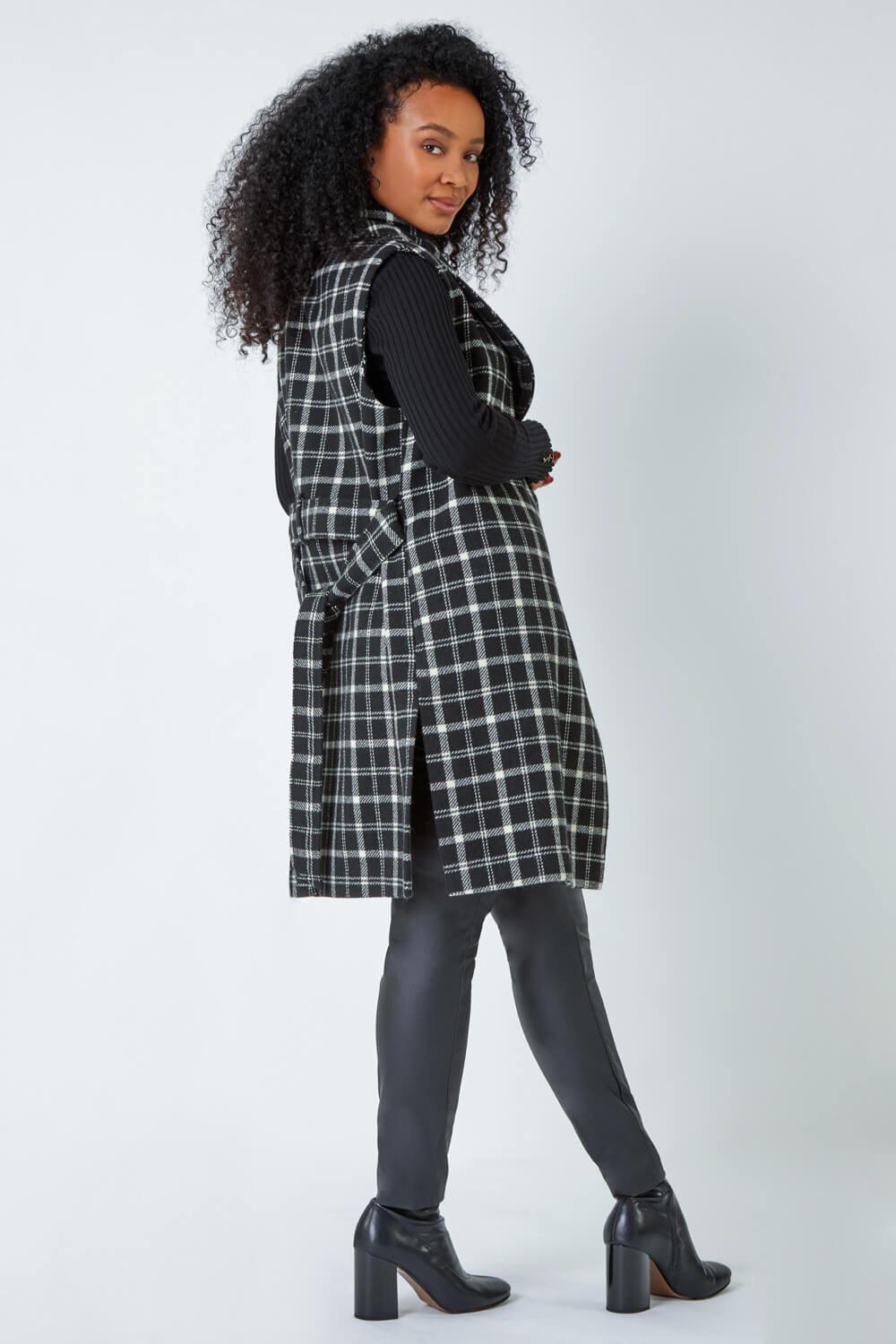 Black Petite Sleeveless Belted Check Coat, Image 3 of 5
