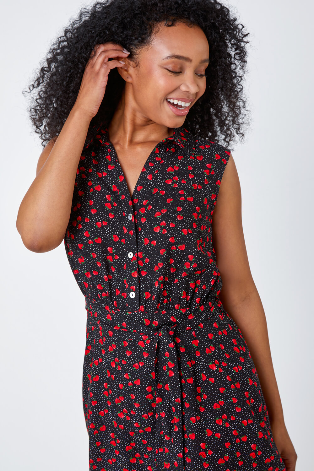 Black Petite Strawberry Sleeveless Shirt Dress, Image 4 of 5