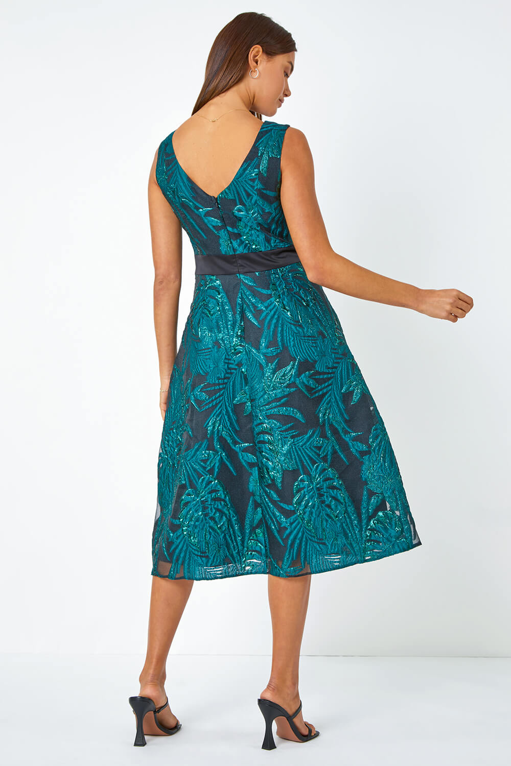 Dark Green Metallic Floral Print Jacquard Dress, Image 3 of 5