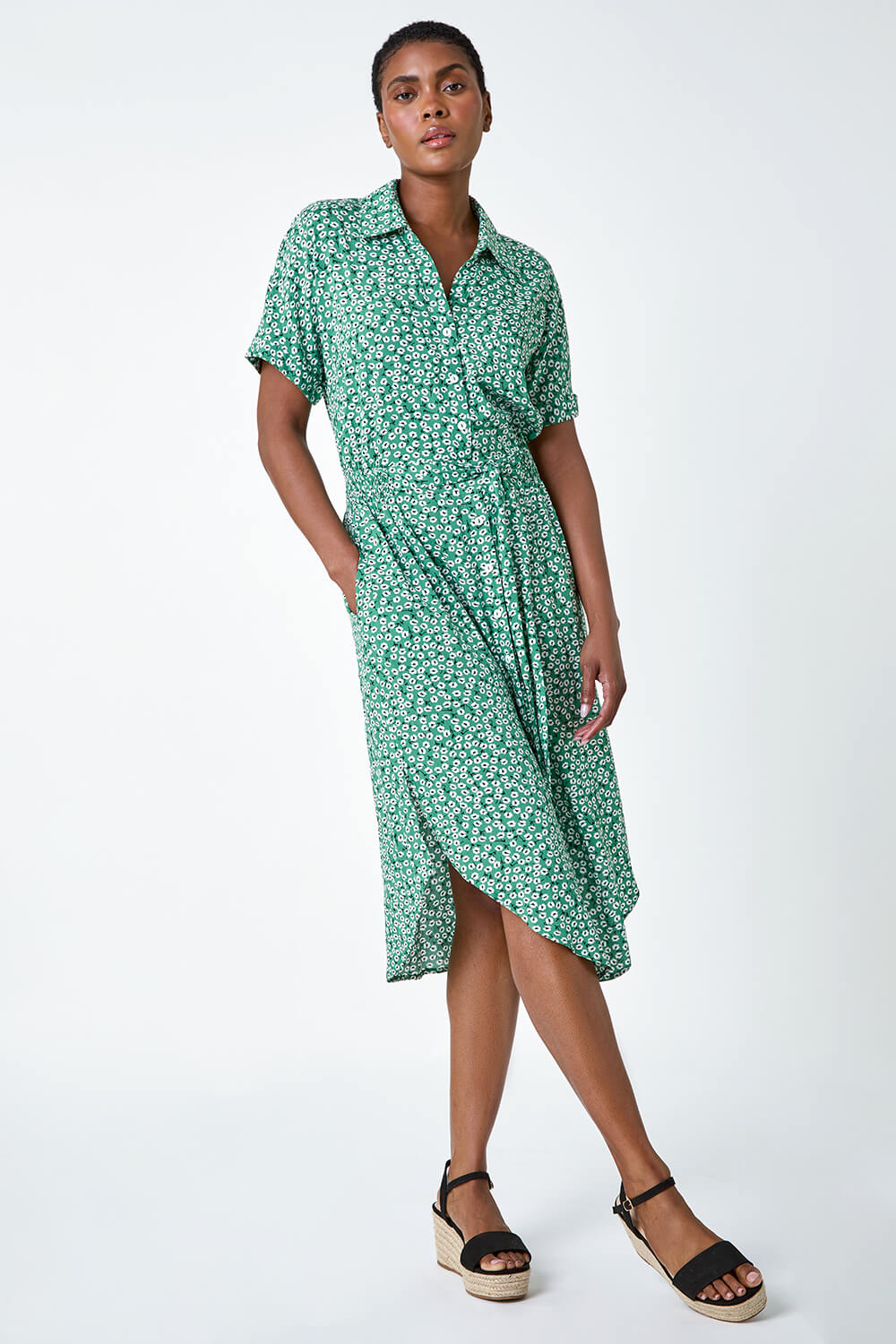 Green Ditsy Floral Print Shirt Dress, Image 2 of 5