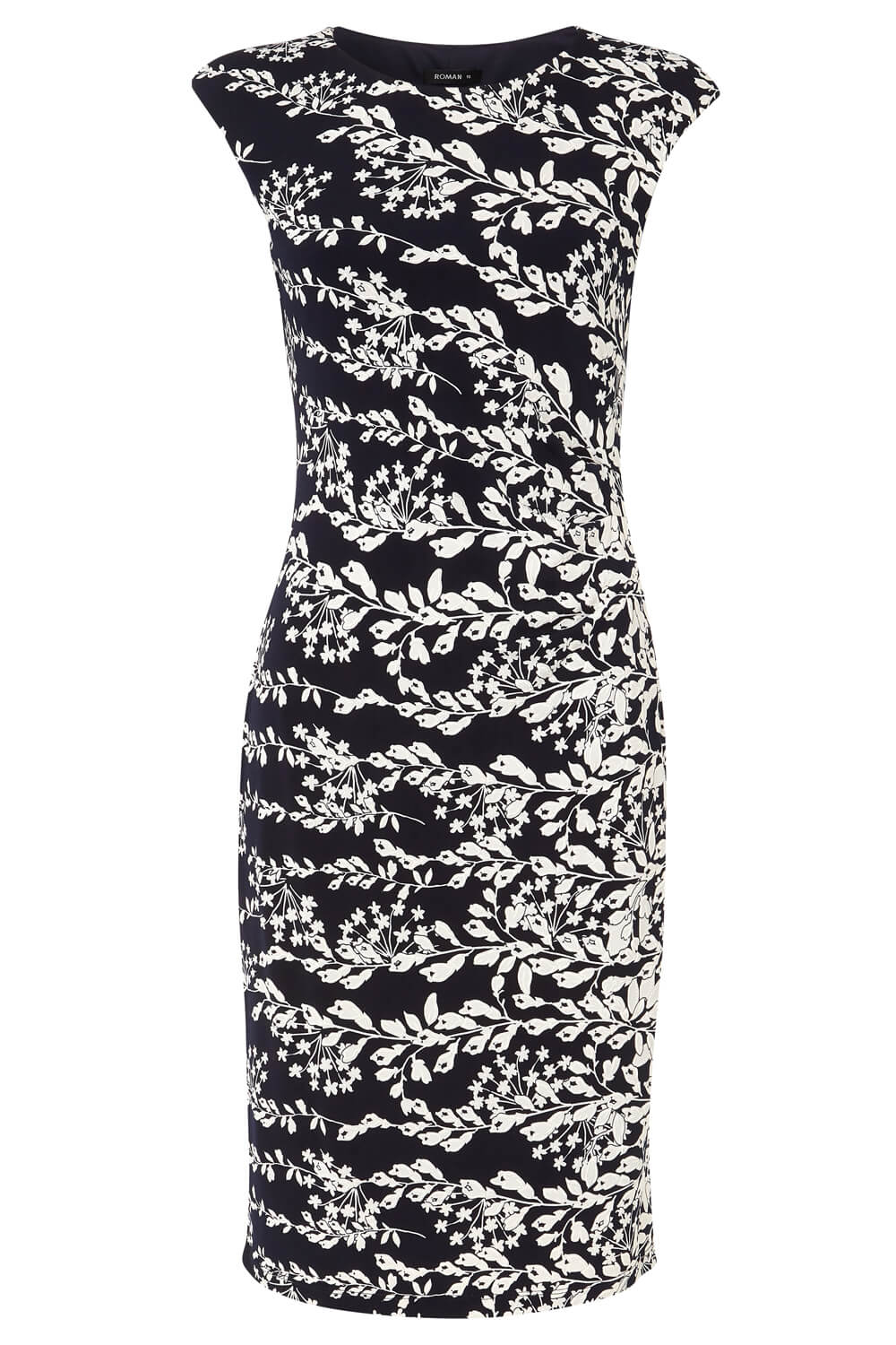 Navy  Floral Print Ruched Waist Dress, Image 5 of 5