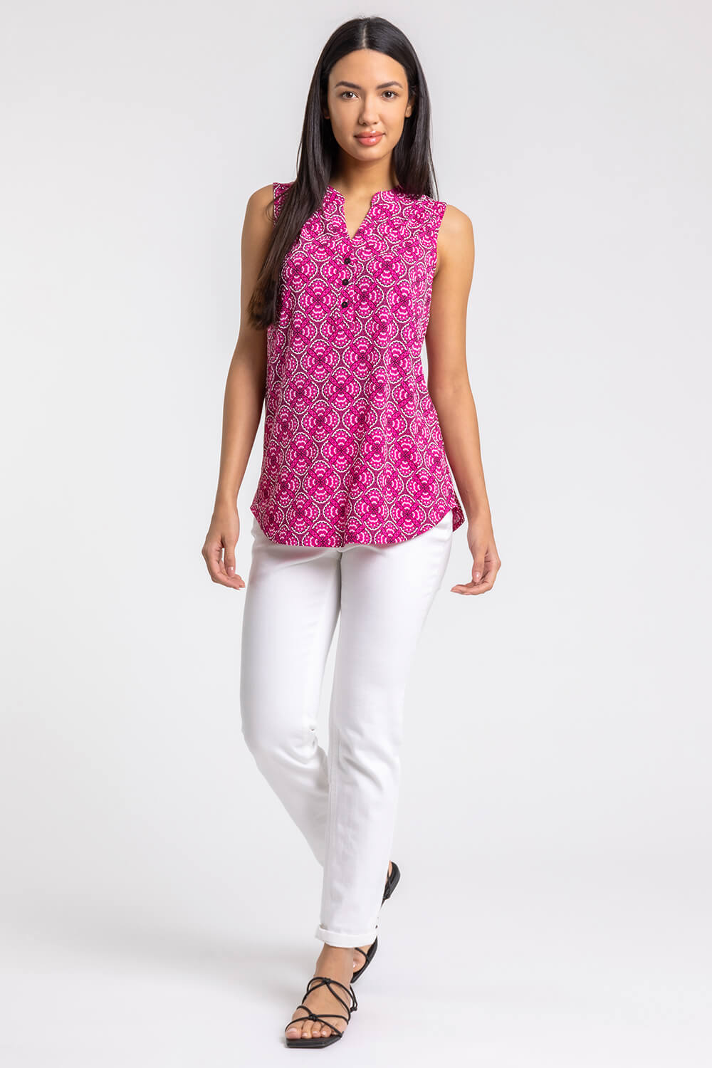 PINK Abstract Puff Print Notch Neck Top, Image 4 of 4