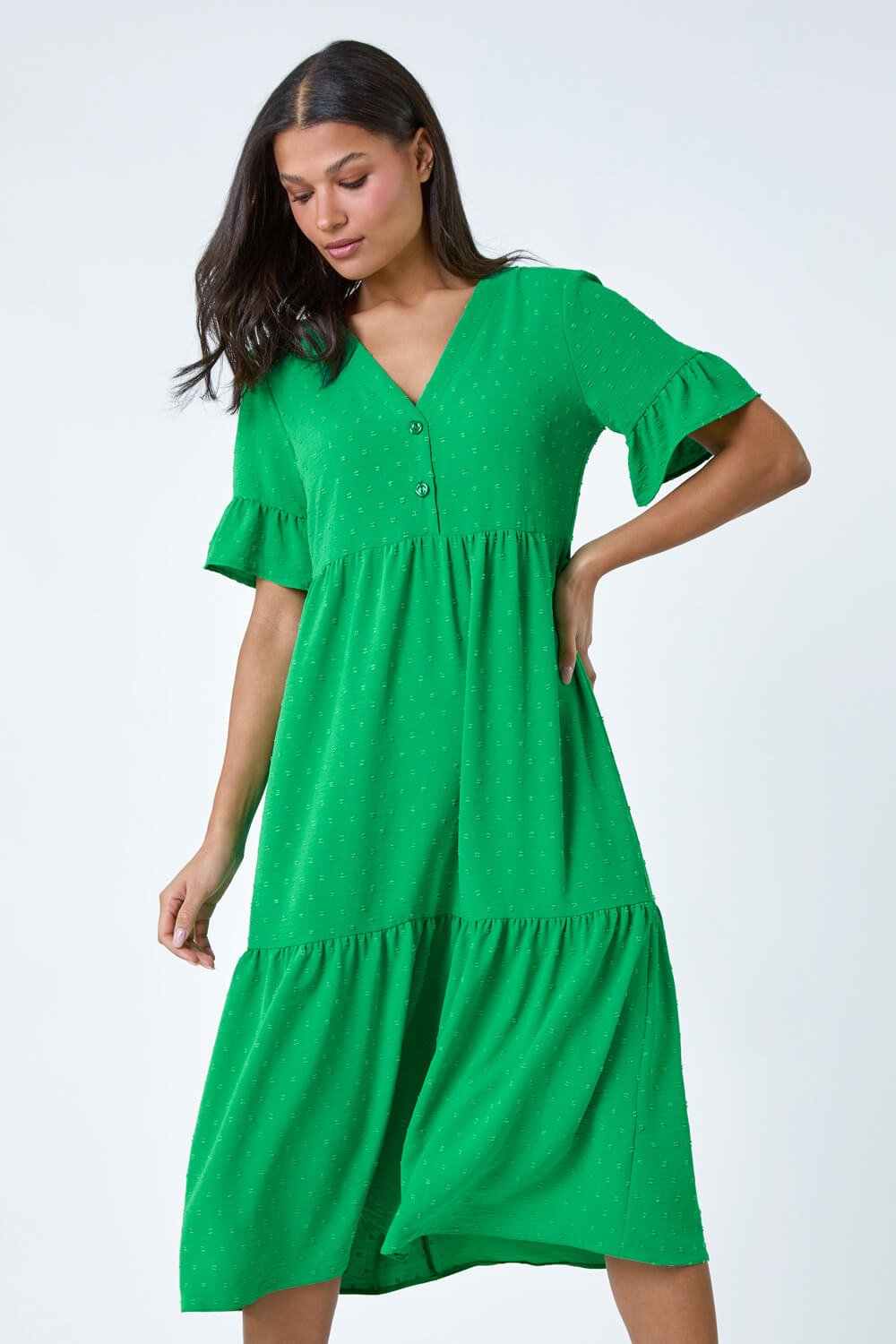 Green Textured Spot Frill Tiered Midi Dress, Image 4 of 5