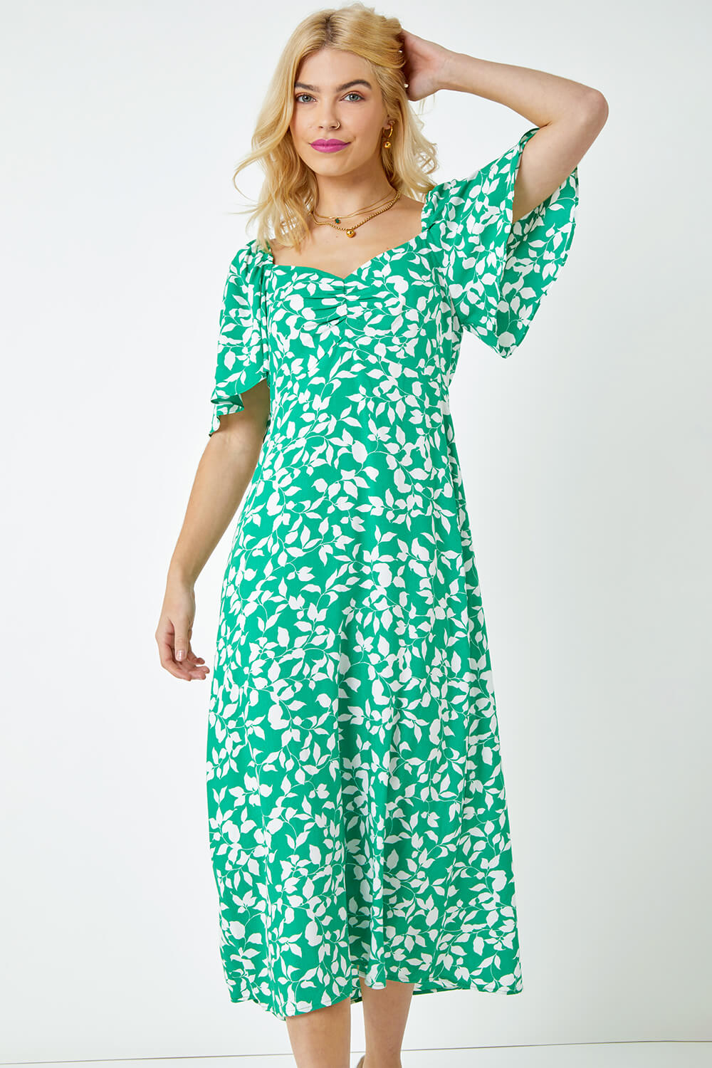 Green Floral Print Ruched Midi Dress , Image 4 of 5