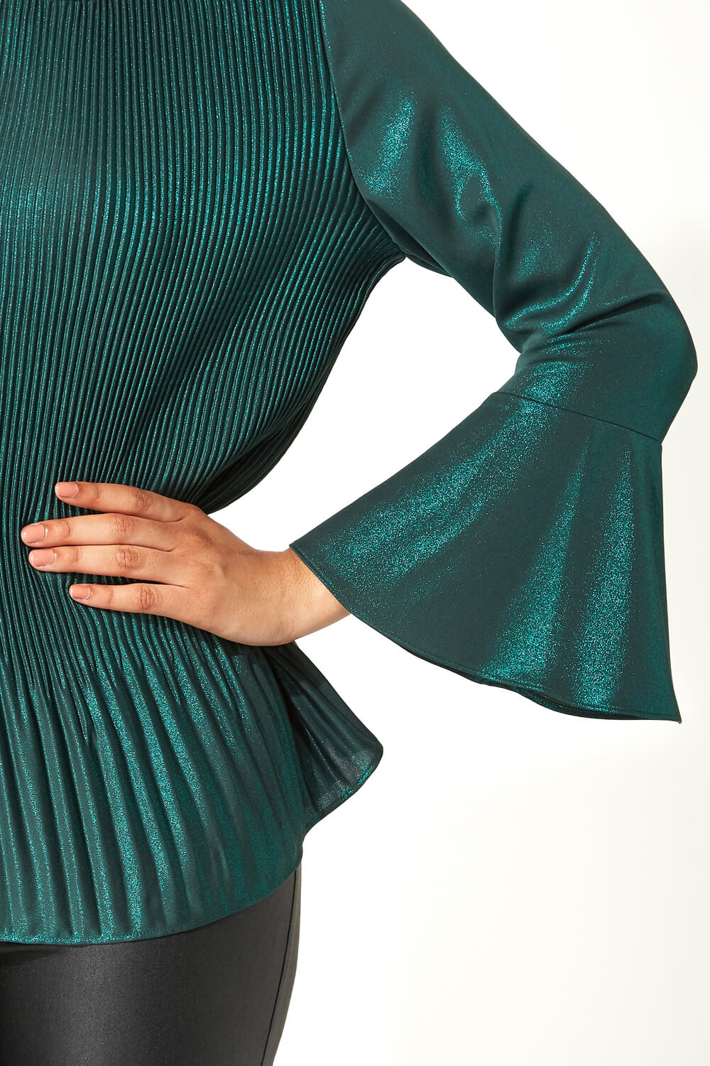 Green Flared Sleeve Foil Pleated Top, Image 4 of 5