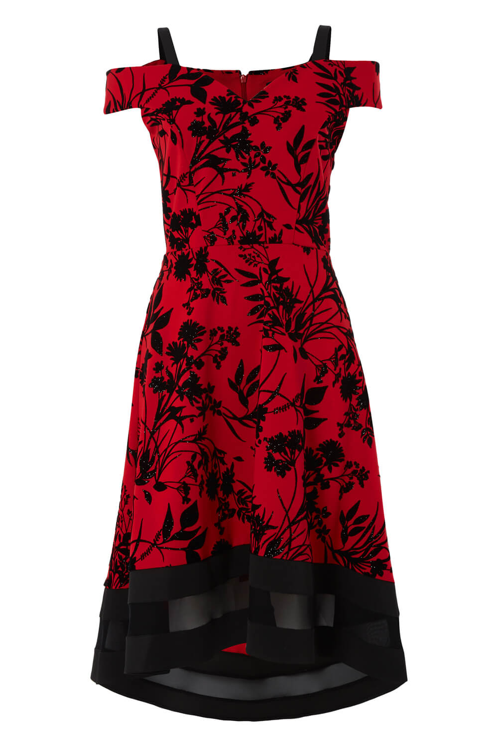 Red Luxe Stretch Flocked Cold Shoulder Dress, Image 5 of 5
