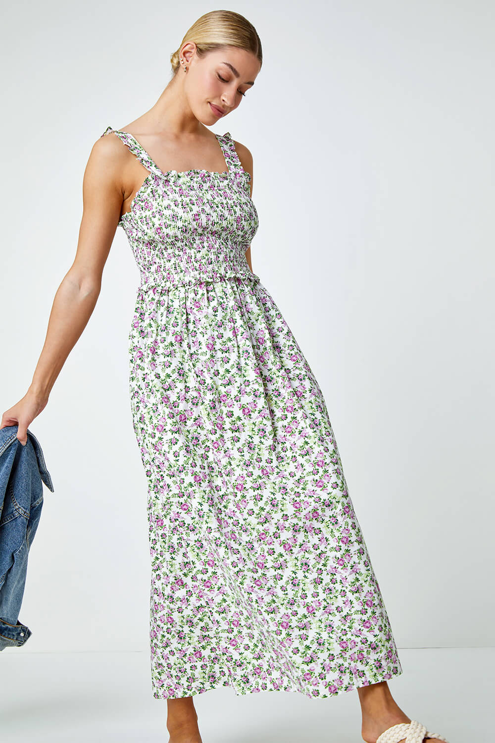 Ivory  Floral Print Shirred Stretch Maxi Dress, Image 2 of 5