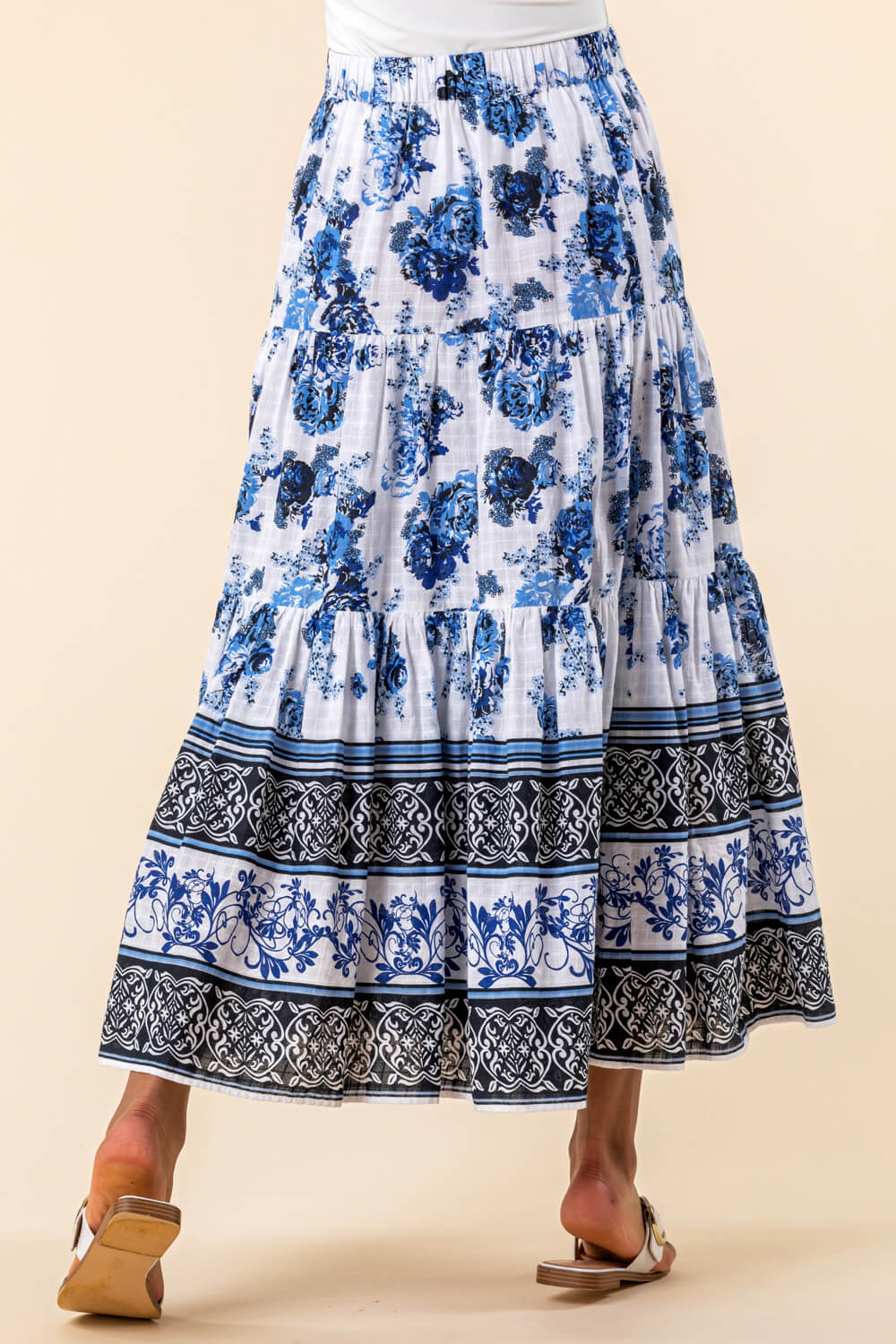 Blue Floral Contrast Print Tiered Cotton Skirt, Image 2 of 4