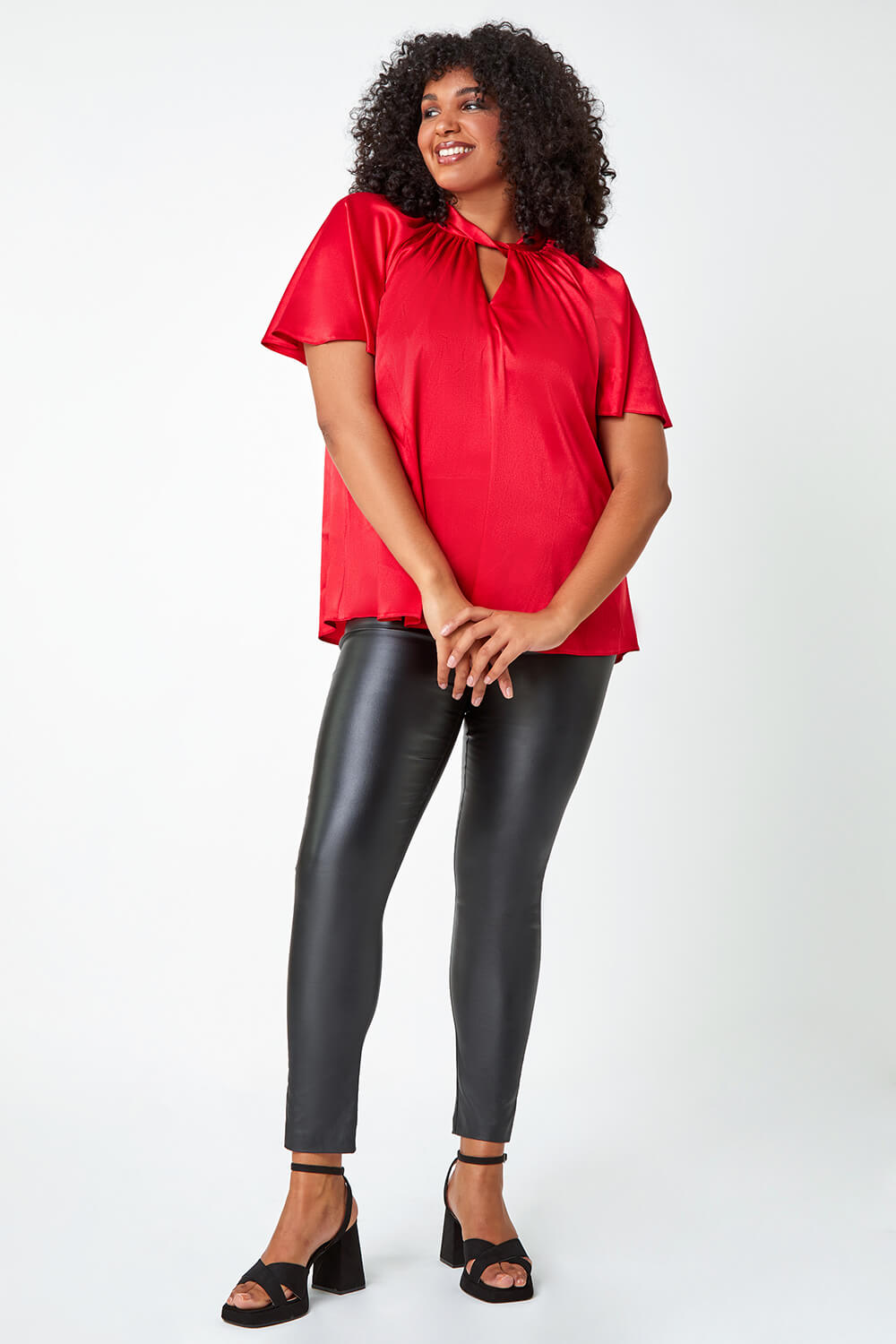 Red Curve Twist Neck Satin Top, Image 2 of 5