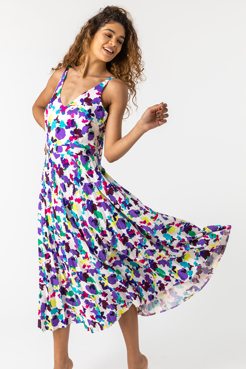 Multi  Abstract Print Pleated Midi Dress, Image 4 of 5