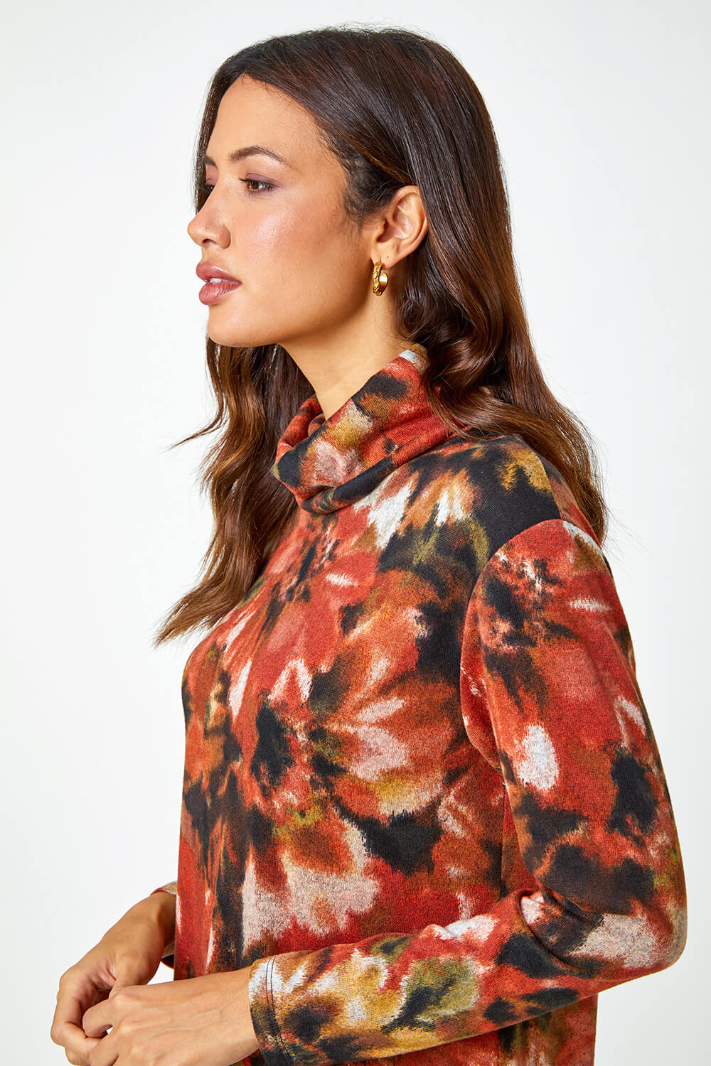 Rust Floral Tie Dye Print Tunic Stretch Dress, Image 4 of 5