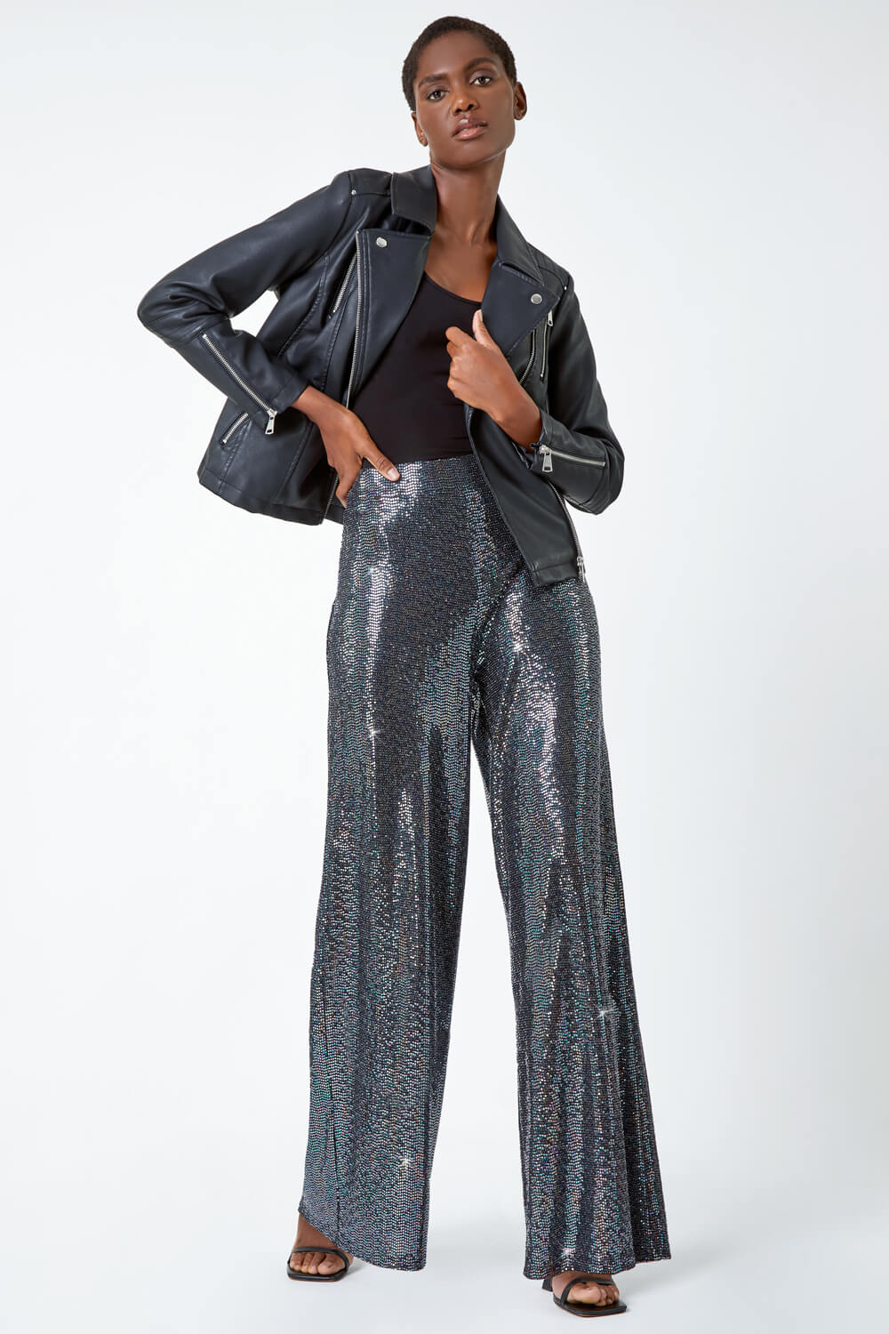 Silver Wide Leg Sequin Stretch Trousers, Image 6 of 7