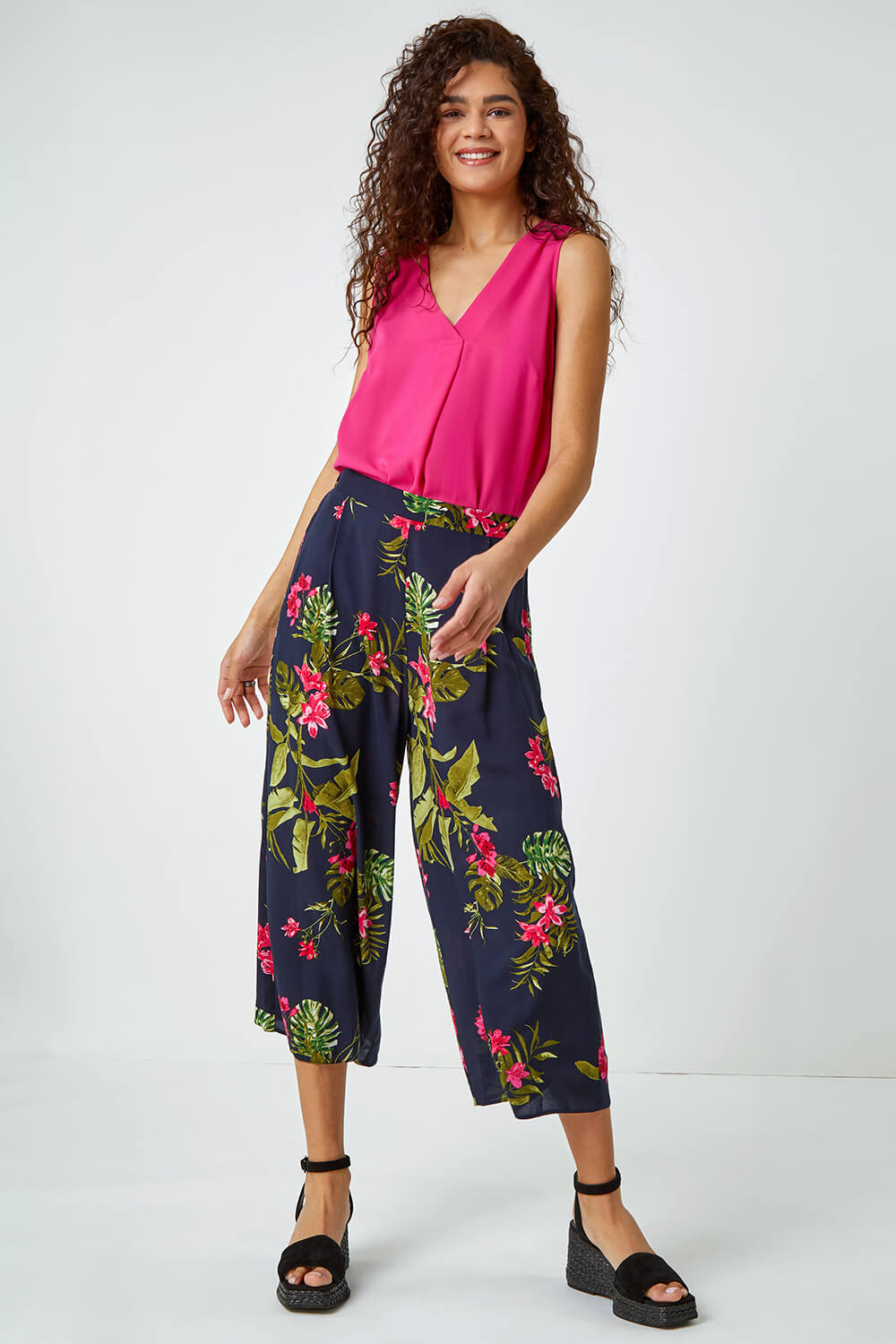 PINK Floral Palm Print Culottes, Image 2 of 5