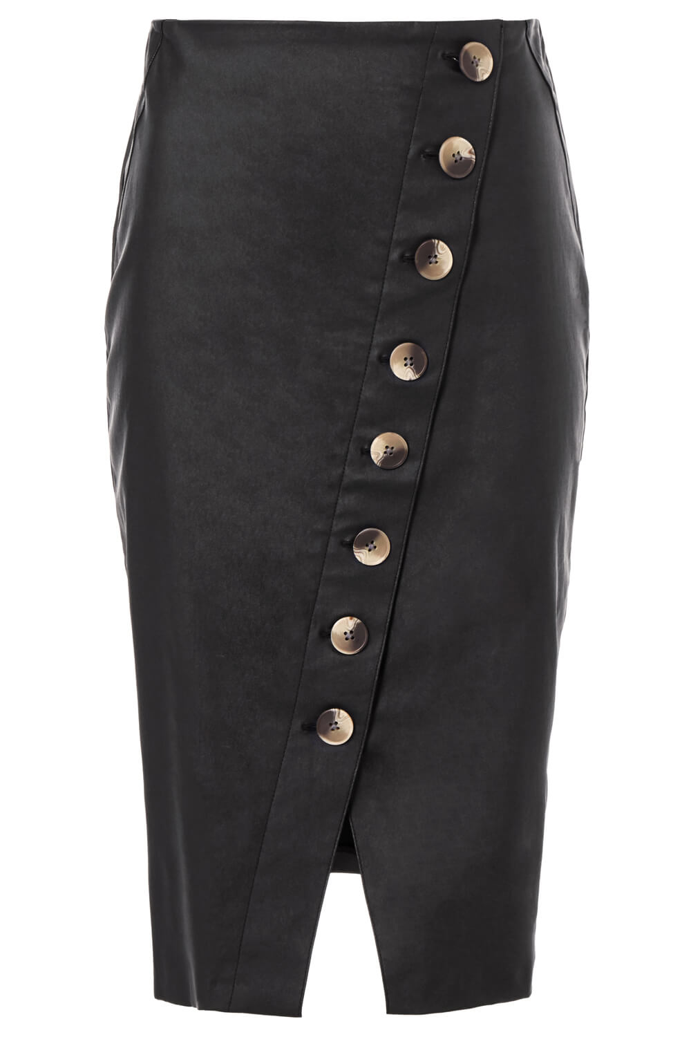 Black Faux Leather Button Midi Skirt, Image 7 of 7