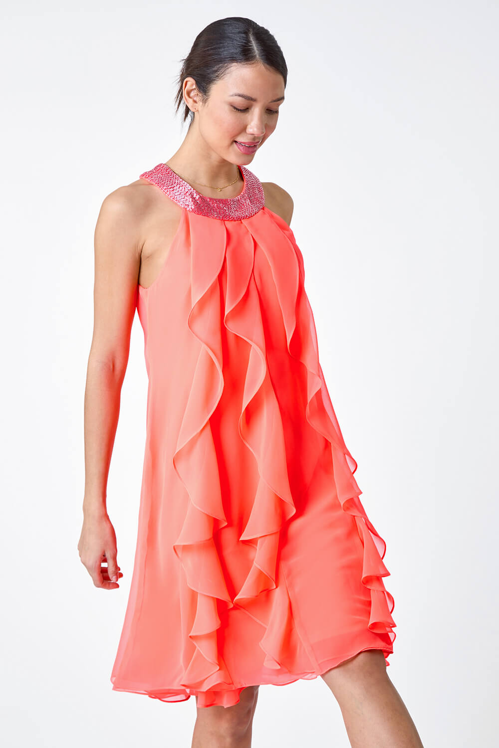 CORAL Embellished Collar Frilled Chiffon Dress, Image 2 of 5