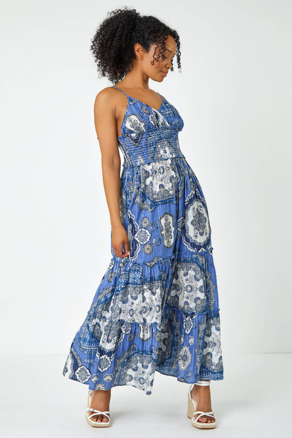 Blue Petite Shirred Waist Tiered Maxi Dress, Image 2 of 5