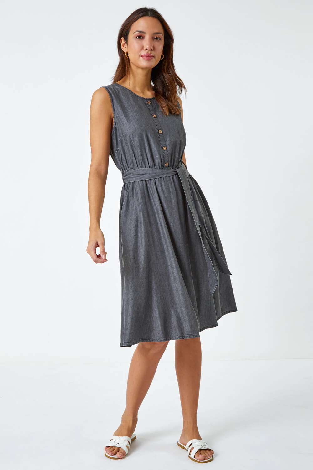 Dark Grey Sleeveless Belted Cotton Dress, Image 2 of 5