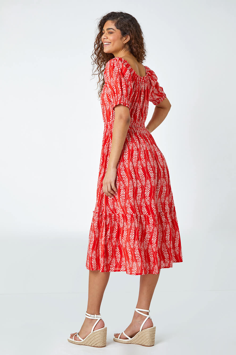 Red Leaf Print Stretch Neck Midi Dress, Image 3 of 5