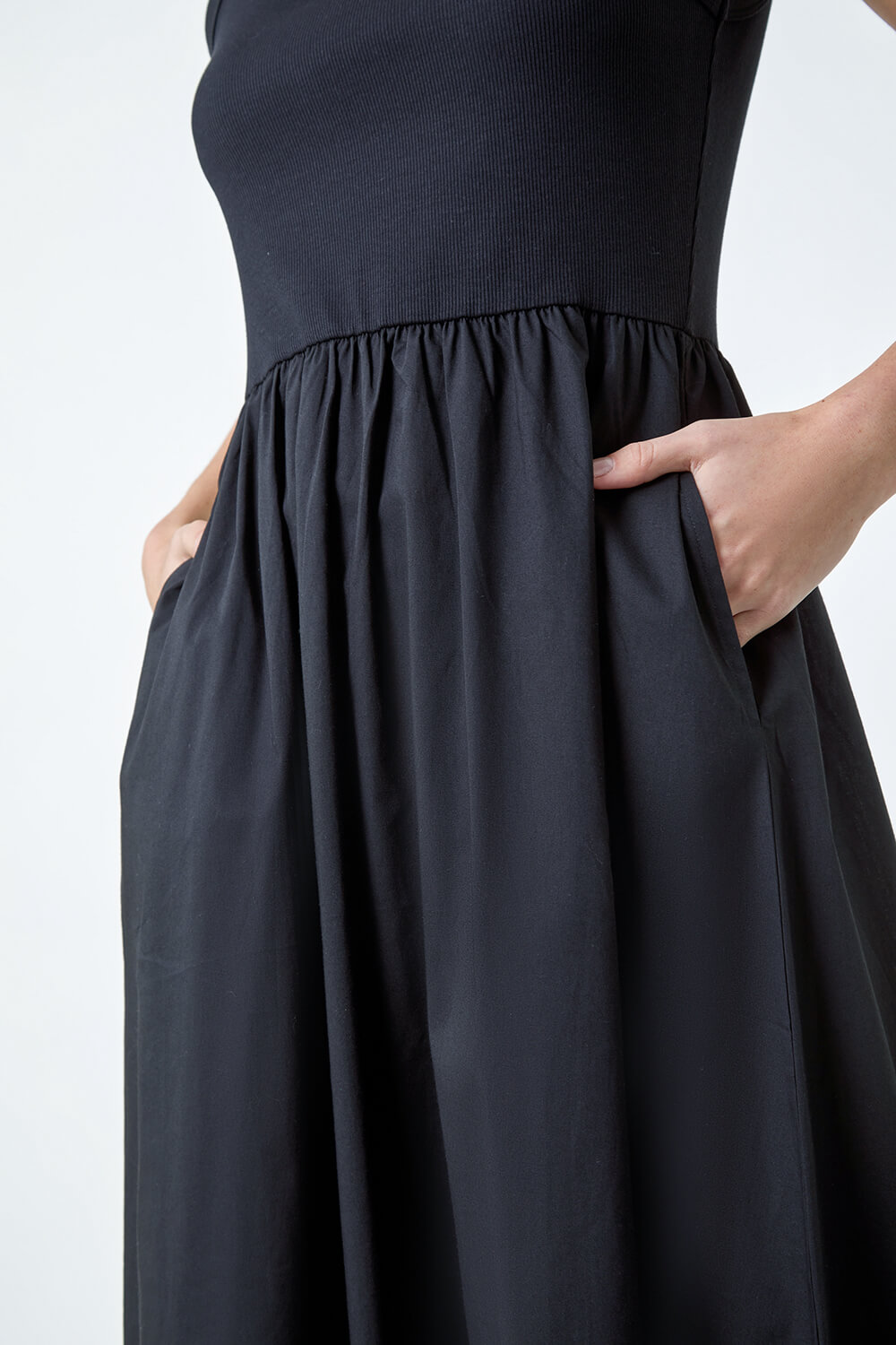 Black Cotton Stretch Jersey Mix Midi Dress, Image 5 of 5