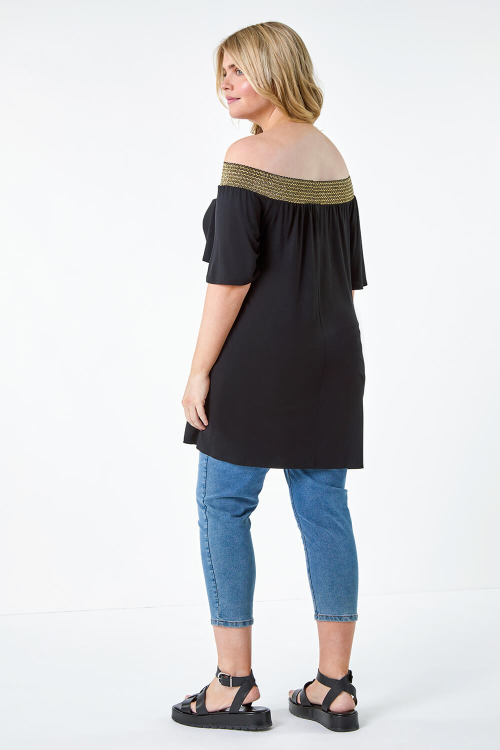 Black Curve Shimmer Stretch Shirred Bardot Top, Image 3 of 5