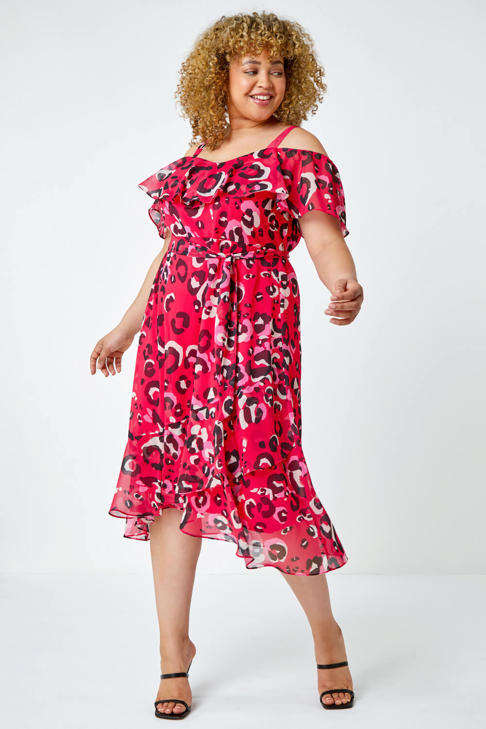 Fuchsia Curve Animal Cold Shoulder Frill Dress , Image 2 of 5